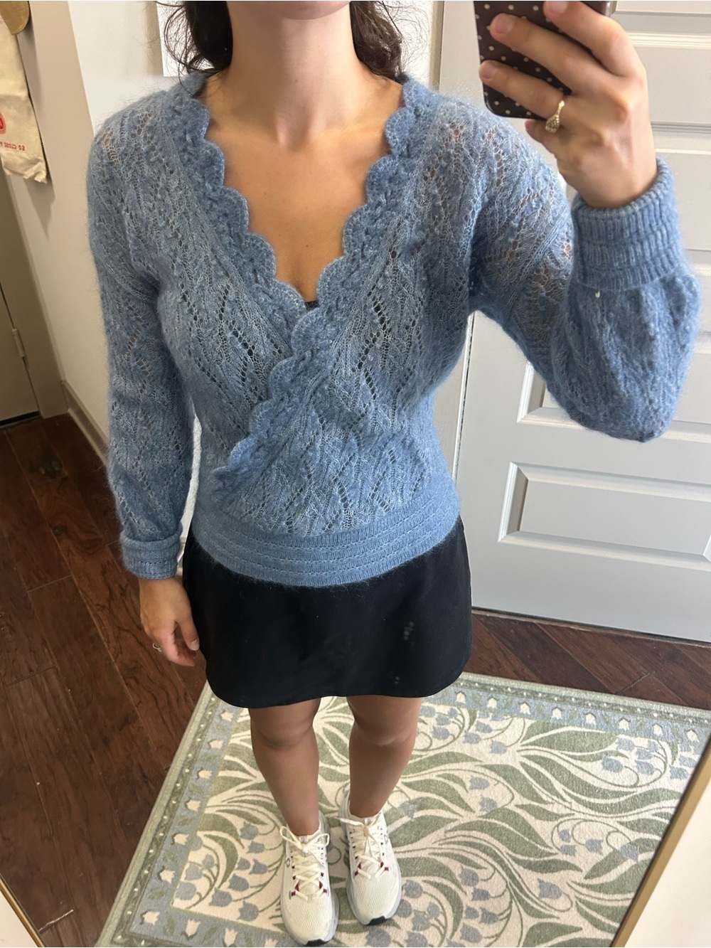 Sezane Soft Scallop-Edge V-Neck Sweater - Dusty Blue